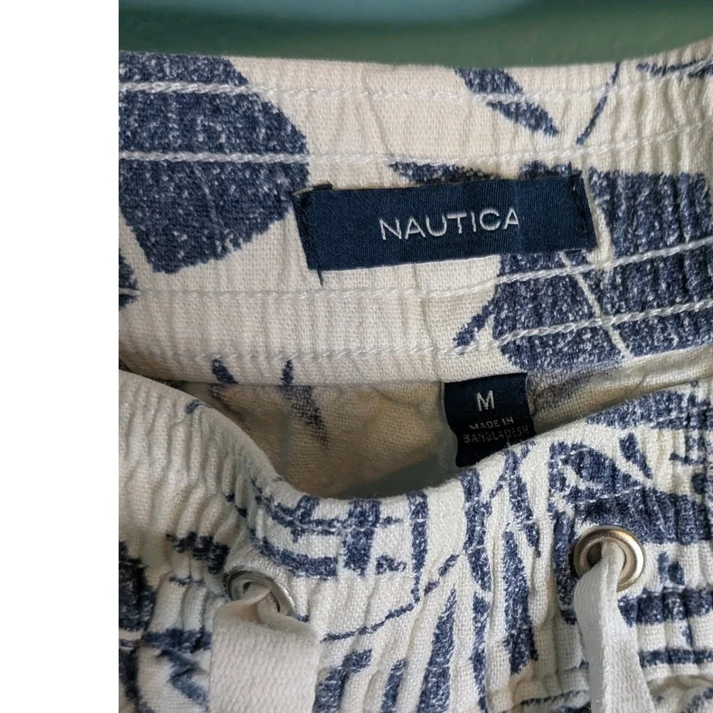Nautica Mens Blue White Tropical Palm Leaf Linen Blend‎ Drawstring Shorts Size M